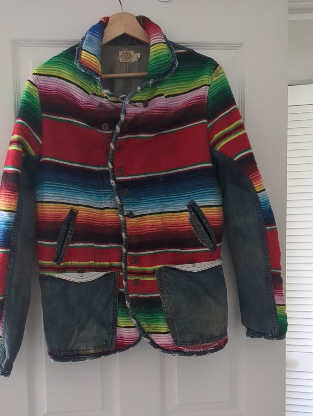 Colorful Striped Men’s Jacket with Denim Pockets - Red Multicolor